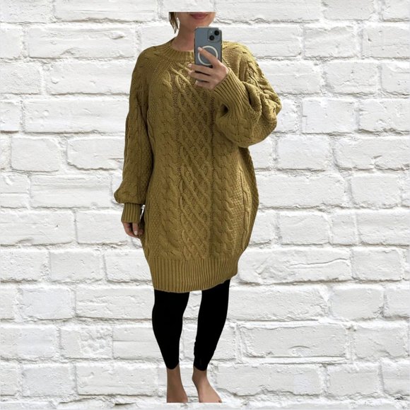 Fall Crewneck Long Sleeve Oversized Cable Knit Chunky Short Sweater Dress - Picture 5 of 5